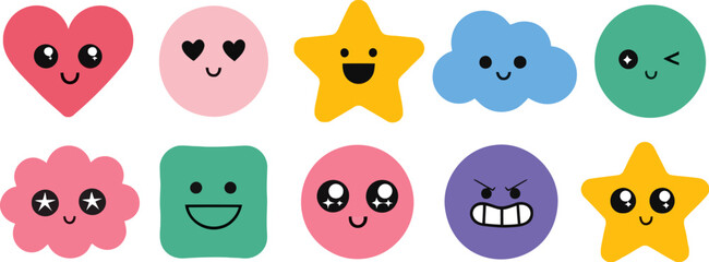 Fototapeta premium Set of colorful kawaii emoji shapes with various facial expressions and emotions isolated on transparent background for cute design elements vector illustration
