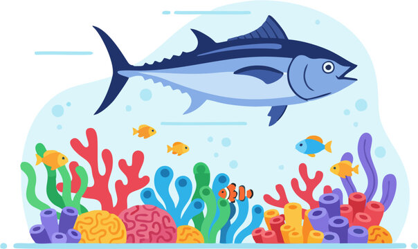 Large tuna fish swimming above a vibrant coral reef