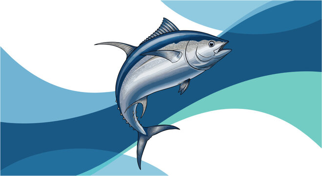 Stylized tuna fish jumping over abstract blue ocean waves