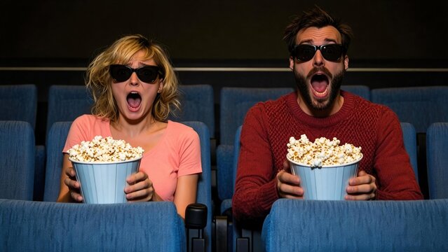 Young Couple Wearing 3D Glasses and Holding Popcorn in the Cinema, Watching a Movie with Overwhelmed Expressions, Representing the Exciting Atmosphere of Leisure Entertainment and Thriller/Comedy Film