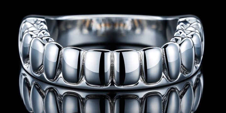 Shiny custom chrome grillz reflecting on a dark surface with a black background