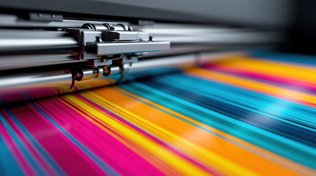 Close up of a printing machine with colorful striped paper moving