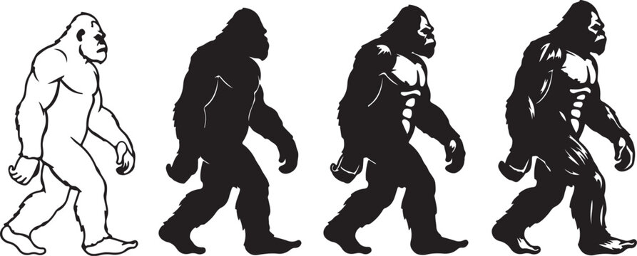 Bigfoot Silhouette Sequence &ndash; Mythical Sasquatch Creature in Walking Poses, Cryptozoology Vector Illustration Set
