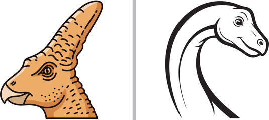 Cartoon parasaurolophus and long neck sauropod dinosaur head vector illustrations isolated on white background © Nur