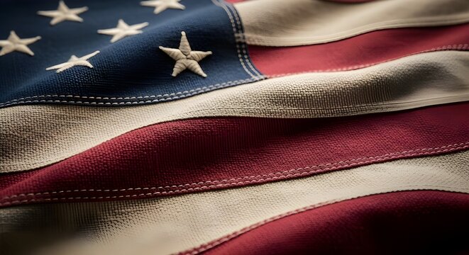 Close-up macro shot of a vintage American flag made of heavy cotton canvas. Detailed stitching on stars and stripes with a weathered, antique textile texture.