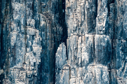 View of the towering basalt cliffs of Alkefjellet covered with thousands of nesting seabirds on narrow rock ledges in Svalbard, Svalbard and Jan Mayen.