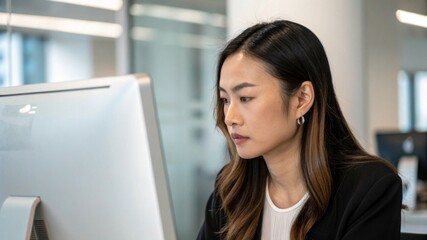 Fototapeta premium Focused asian woman analyzing data on computer monitor in modern office environment professional setting close-up perspective
