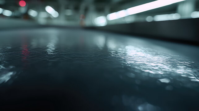 Wet reflective surface showing blurred bright and dark light spots, creating an abstract and atmospheric street scene with cool tones, ideal for backgrounds or conceptual designs
