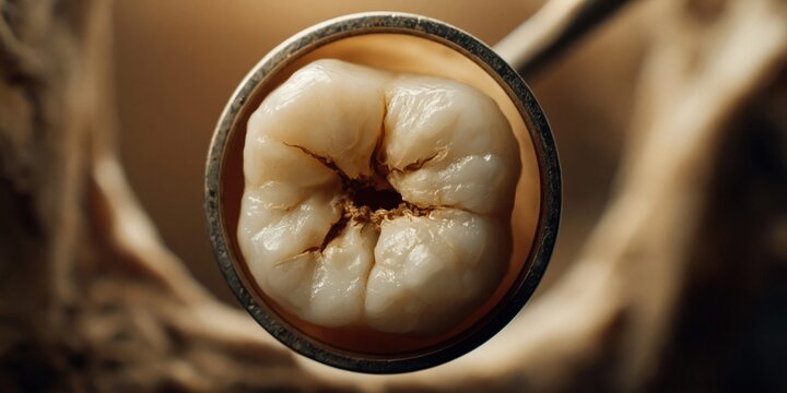 Close-up view of a human molar tooth from a dentist's perspective