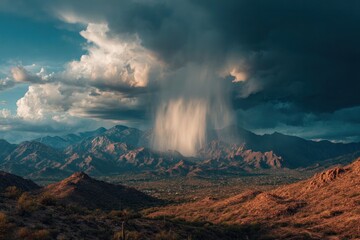 Fototapeta premium Dramatic Rainstorm Over Arid Mountain Landscape