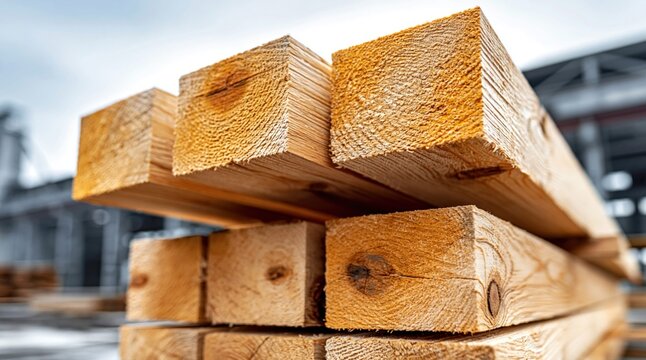 Stack of rough sawn lumber beams in a warehouse, close up low angle shot