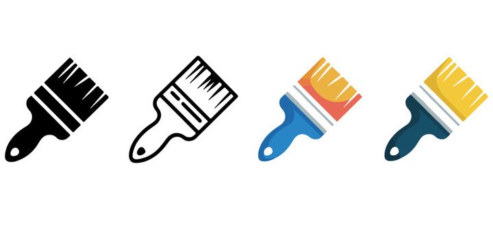 Paint brush icon set in outline silhouette and colorful styles painting tool artistic equipment symbol