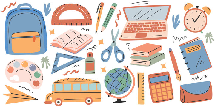 Colorful illustration of school supplies including a backpack, laptop, books, globe, and stationery items arranged in a playful, educational layout