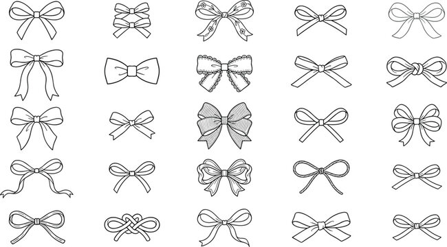 Hand drawn decorative bow and ribbon set, vector line art collection of various knots and ties on transparent background