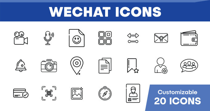 WeChat Icons, 20 customizable vector line icons for social media and communication. Modern digital interface elements, essential UI/UX graphic resources.