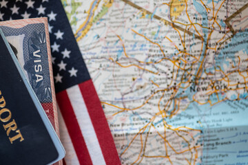 Obraz premium USA passport with visa and american flag on New York map travel concept