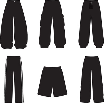 Streetwear bottoms silhouettes set baggy jeans cargo sweatpants track shorts utility vector bundle