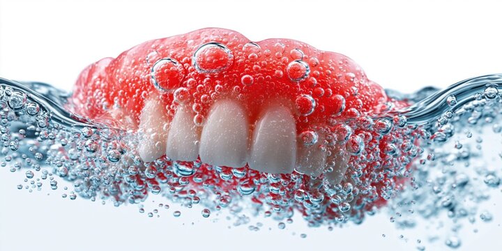 A half denture submerged in effervescent liquid with bubbles rising