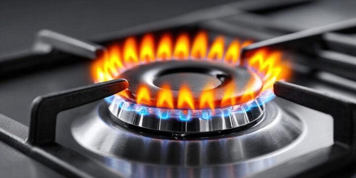 Close-up of a gas stove burner with vibrant blue and orange flames
