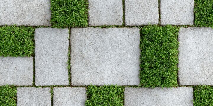 Grey Paving Stones and Lush Green Grass Alternating Pattern Top Down View