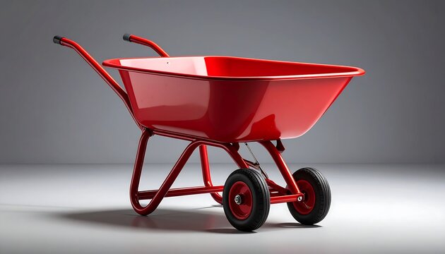 Red metal wheelbarrow on gray background