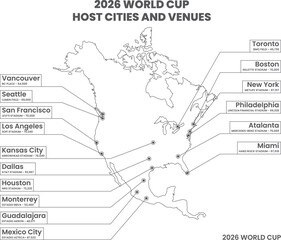 Naklejka premium 2026 World Cup host cities and venues map showing stadium locations in North America