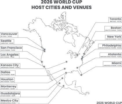 2026 World Cup host cities and venues map showing stadium locations in North America