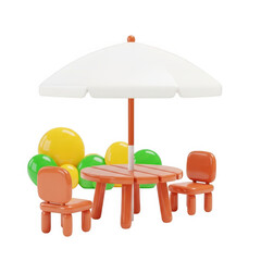 Fototapeta premium Cute orange and white cat under yellow umbrella with red and green items on wooden table isolated on transparent background