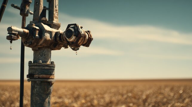 Rusty industrial well pipe leaking water droplets, symbolizing environmental concerns, global warming, and water scarcity against a natural field and blue sky