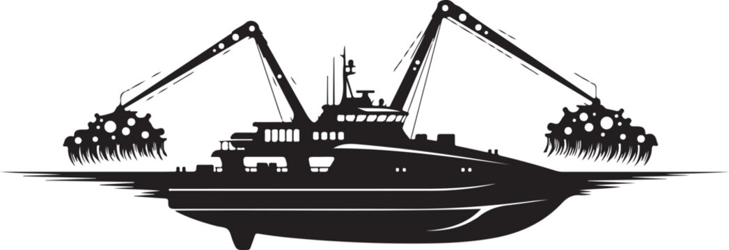 Black dredger ship, dredging vessel, harbor excavator, marine construction equipment, silhouette