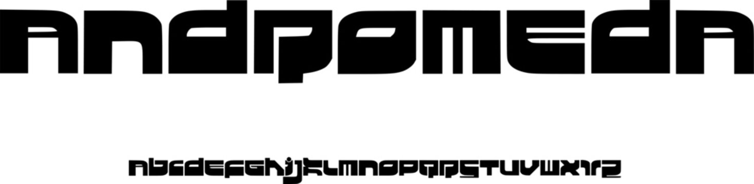 ANDROMEDA Futuristic Tech Display Font Alphabet &ndash; Sleek Sci-Fi Font Type with Geometric Modular Letterforms, Modern Typography Meaning for Esports Branding, and High-Tech Graphic Design Projects