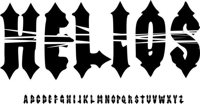 HELIOS Gothic Split Display Font Alphabet &ndash; Bold Medieval Font Type with Cutline Effect Letterforms, Dramatic Typography Meaning for  Posters, Gaming Titles, Album Covers, and Dark Graphic Design 