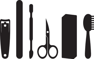 Obraz premium Nail Tools Silhouettes Set Clipper File Cuticle Pusher Scissors Buffer Brush Vector Bundle