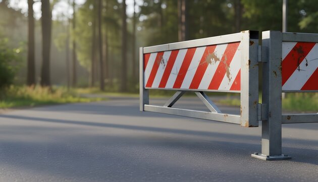 A road closed metal gate blocking the way through a sunny forest path for restriction concept, showing a red and white striped barrier on a quiet rural asphalt roadway
