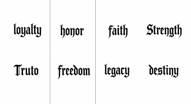 Abstract words of virtue displayed in gothic script against a light background