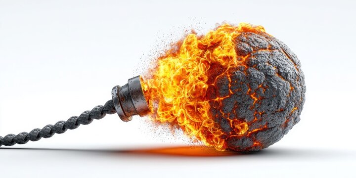 Exploding bomb with burning fuse and fiery detonation on a white background
