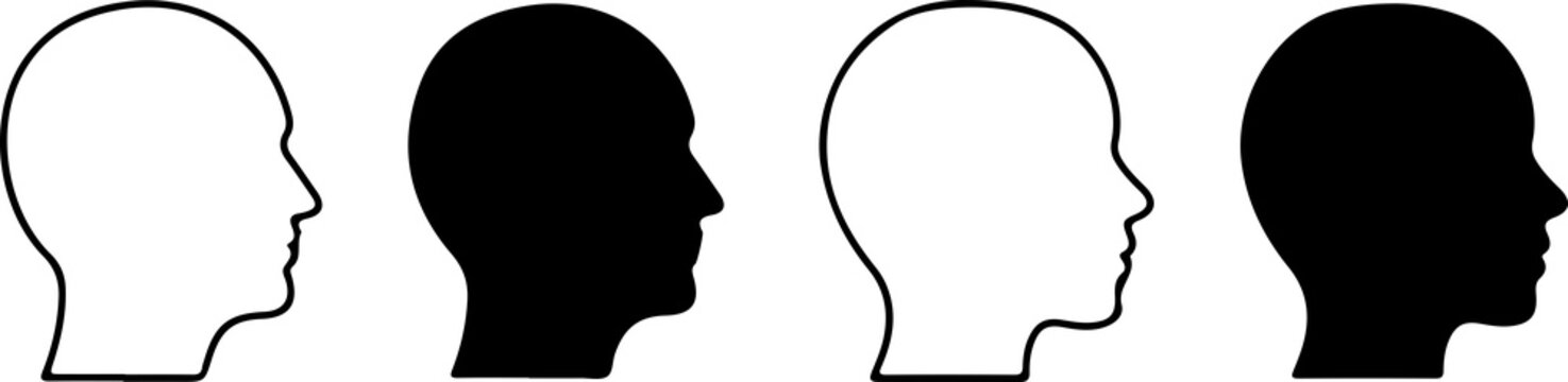 Human head silhouette in outline and solid style, woman and man heads side view, 