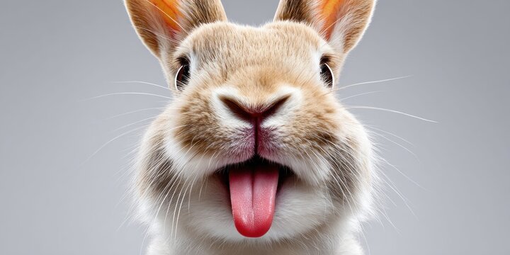 Close-up of a fluffy bunny rabbit with its tongue sticking out in a funny expression