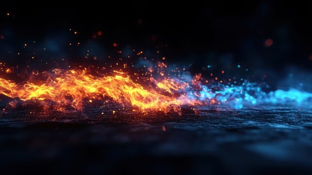 Fiery orange and cool blue energy streams colliding on a dark textured surface