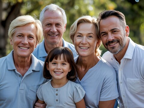 A happy multi-generational family portrait smiling outdoors in a park on a sunny day.