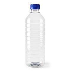 Naklejka premium Clear plastic water bottle with blue sports cap standing upright
