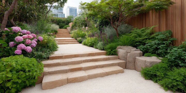 Serene Stone Stairway Ascends Through Lush Green Garden With Pink Flowers and Wood Fence