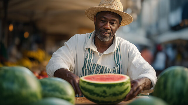 outdoor farmers market at peak summer, vendor slicing open a striped watermelon, juice catching light, vibrant produce stalls, Saturday morning community ritual, local food culture, seasonal abundan