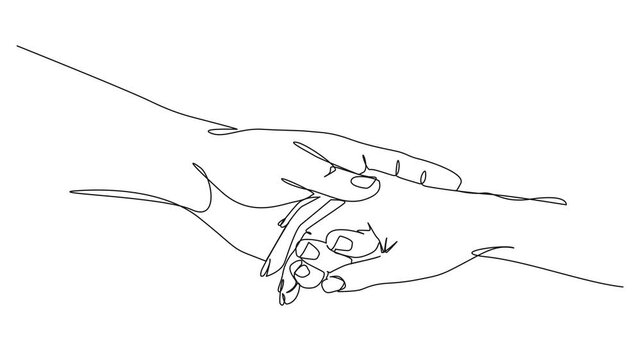 animated continuous line drawing of man gently holding hand of a woman, close-up, line art animation