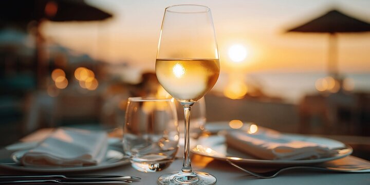 Elegant white wine glass on a table at sunset overlooking the ocean