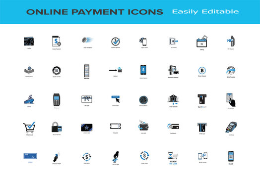 Online payment method icons for e-commerce and digital transactions with ecommerce transaction transfer shopping security purchase business technology illustration