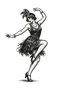 Vintage illustration of a flapper girl dancing in a feathered costume with beads and pearls, 1920s style, isolated on white background.