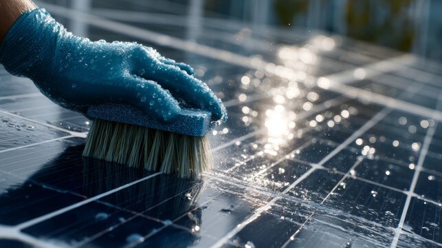 Close-up of gloved hand brushing wet solar panel cells. Light reflects off water droplets. Cleaning process