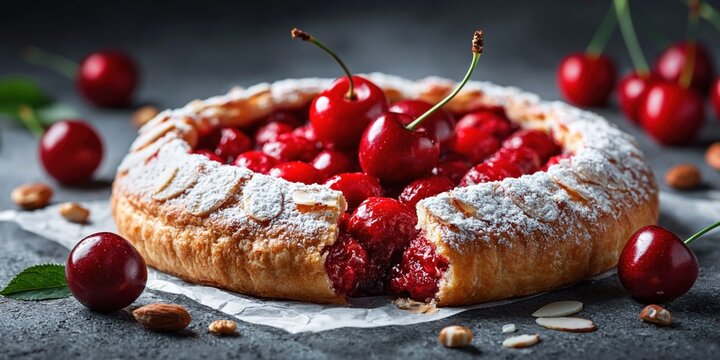 Delicious round cherry galette with flaky crust and powdered sugar topping