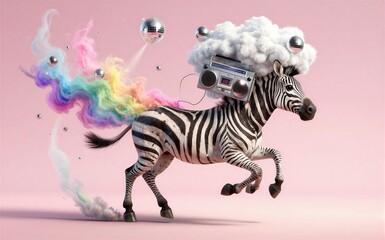 Obraz premium Zebra runs with boombox rainbow clouds and disco balls floating above.